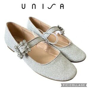 Unisa  Embellished Buckle Mary Jane metallic silver Flats size 5.5 NWT
